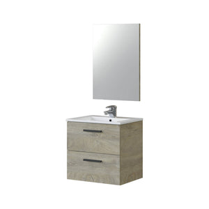 Mobile sottolavabo Fontana, Mobiletto per bagno a 2 cassetti, Armadietto sospeso con specchio, lavabo non incluso, cm 60x45h67, Rovere