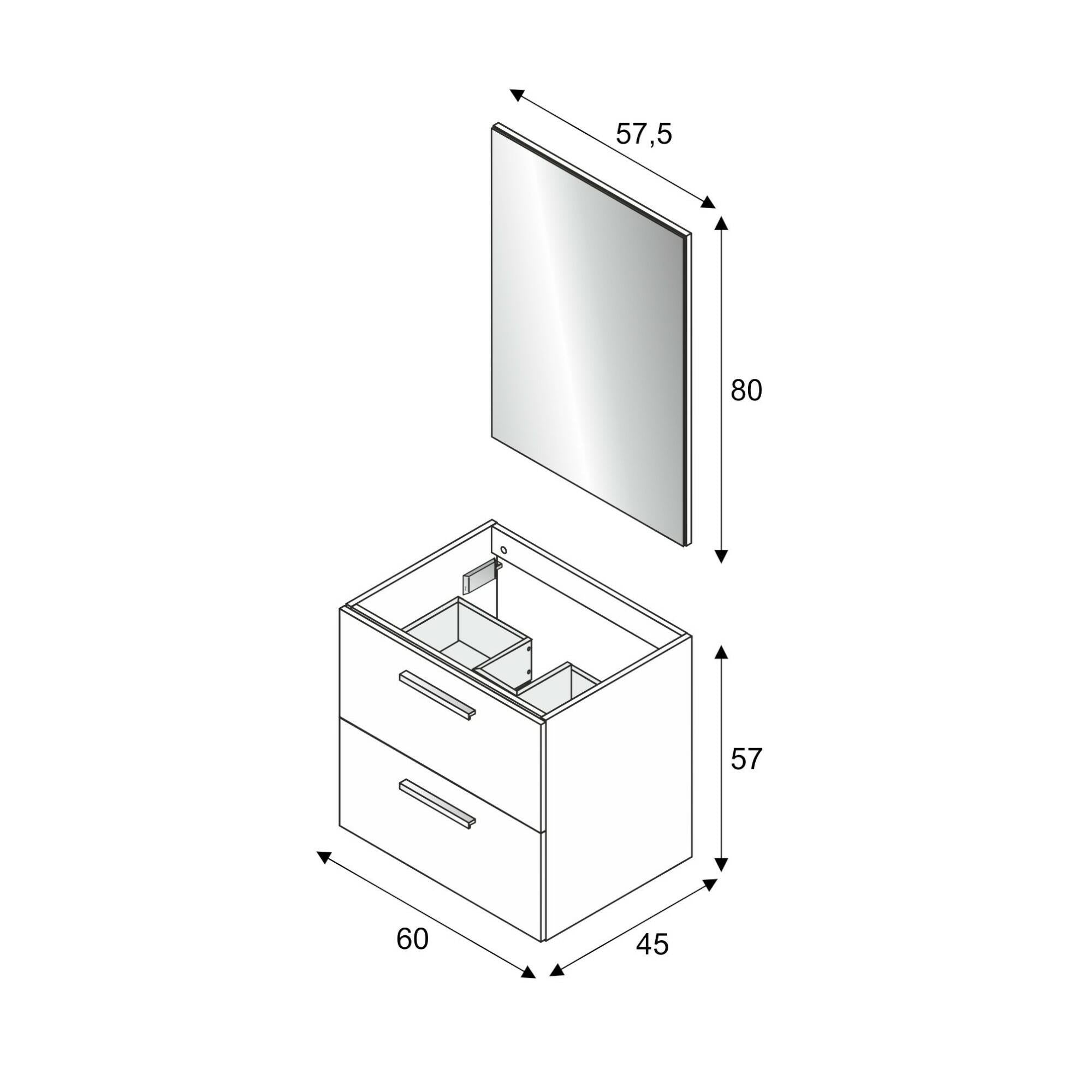 Mobile sottolavabo Fontana, Mobiletto per bagno a 2 cassetti, Armadietto sospeso con specchio, lavabo non incluso, cm 60x45h67, Rovere