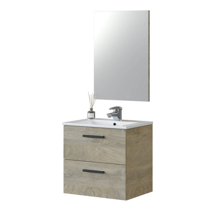 Mobile sottolavabo Fontana, Mobiletto per bagno a 2 cassetti, Armadietto sospeso con specchio, lavabo non incluso, cm 60x45h67, Rovere