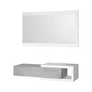 Mobile da ingresso Mcallen, Entratina con specchio, Mobile per atrio con cassetto, Svuotatasche per appartamenti, cm 95x26h69, Bianco e Cemento