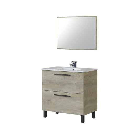 Mobile sottolavabo Yonkers, Mobiletto per bagno a 2 cassetti, Armadietto sospeso con specchio, lavabo non incluso, cm 80x45h80, Rovere