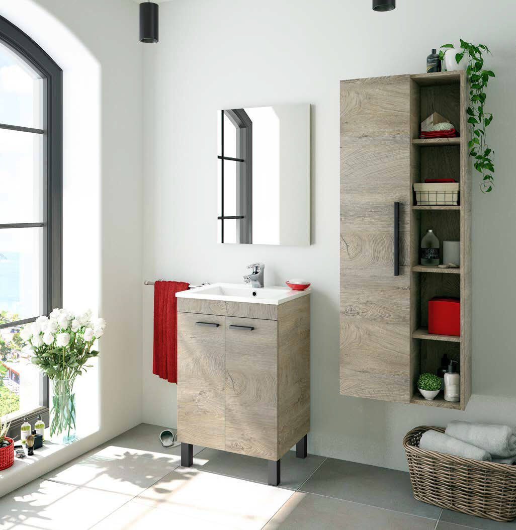 Mobile sottolavabo Naperville, Mobiletto per bagno, Armadio a 2 ante con specchio, lavabo non incluso, cm 50x40h80, Rovere