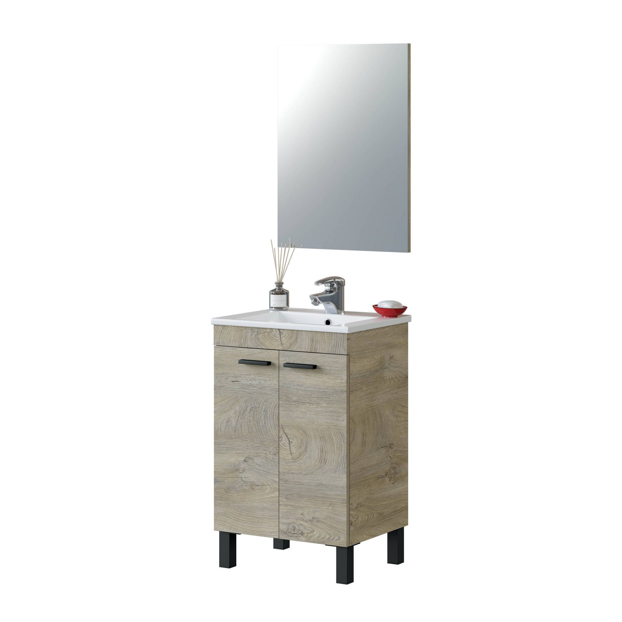 Mobile sottolavabo Naperville, Mobiletto per bagno, Armadio a 2 ante con specchio, lavabo non incluso, cm 50x40h80, Rovere