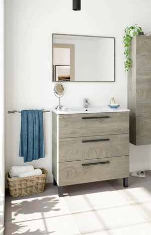 Mobile sottolavabo Dlo, Mobiletto per bagno, Armadio a 3 cassetti e specchio, lavabo non incluso, 80x45h86 cm, Quercia