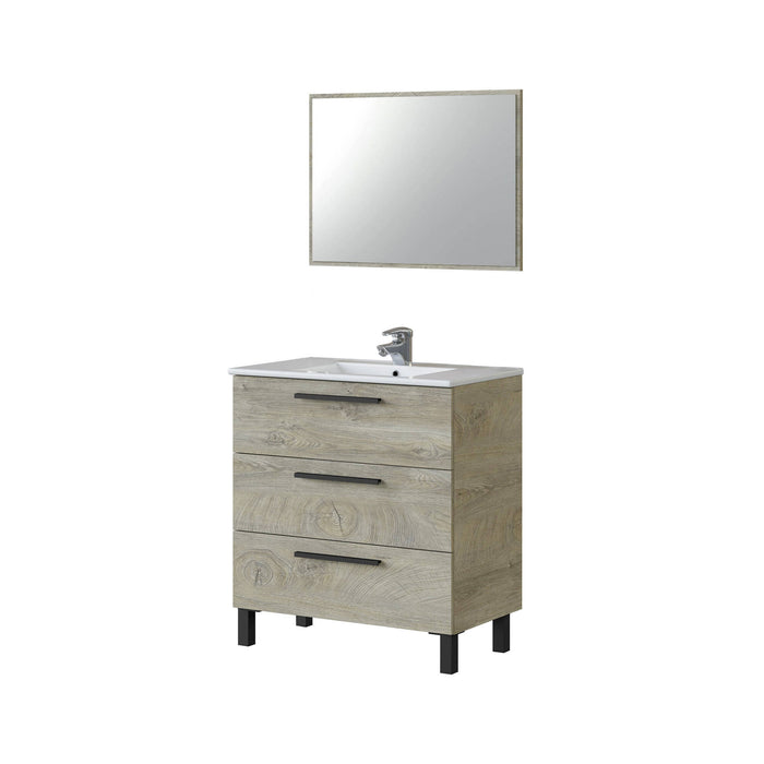 Mobile sottolavabo Dlo, Mobiletto per bagno, Armadio a 3 cassetti e specchio, lavabo non incluso, 80x45h86 cm, Quercia