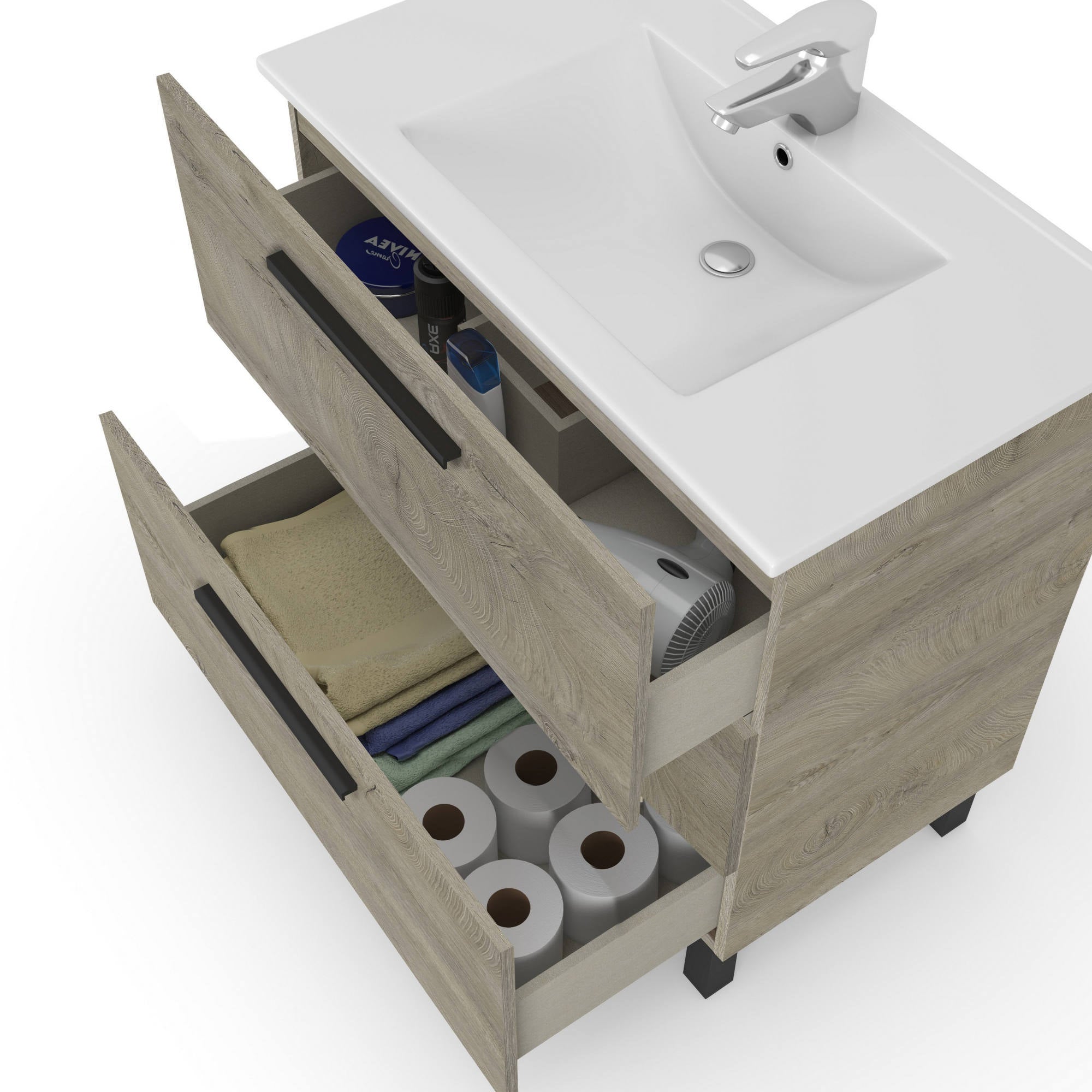 Mobile sottolavabo Dlo, Mobiletto per bagno, Armadio a 3 cassetti e specchio, lavabo non incluso, 80x45h86 cm, Quercia