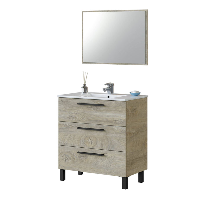 Mobile sottolavabo Dlo, Mobiletto per bagno, Armadio a 3 cassetti e specchio, lavabo non incluso, 80x45h86 cm, Quercia