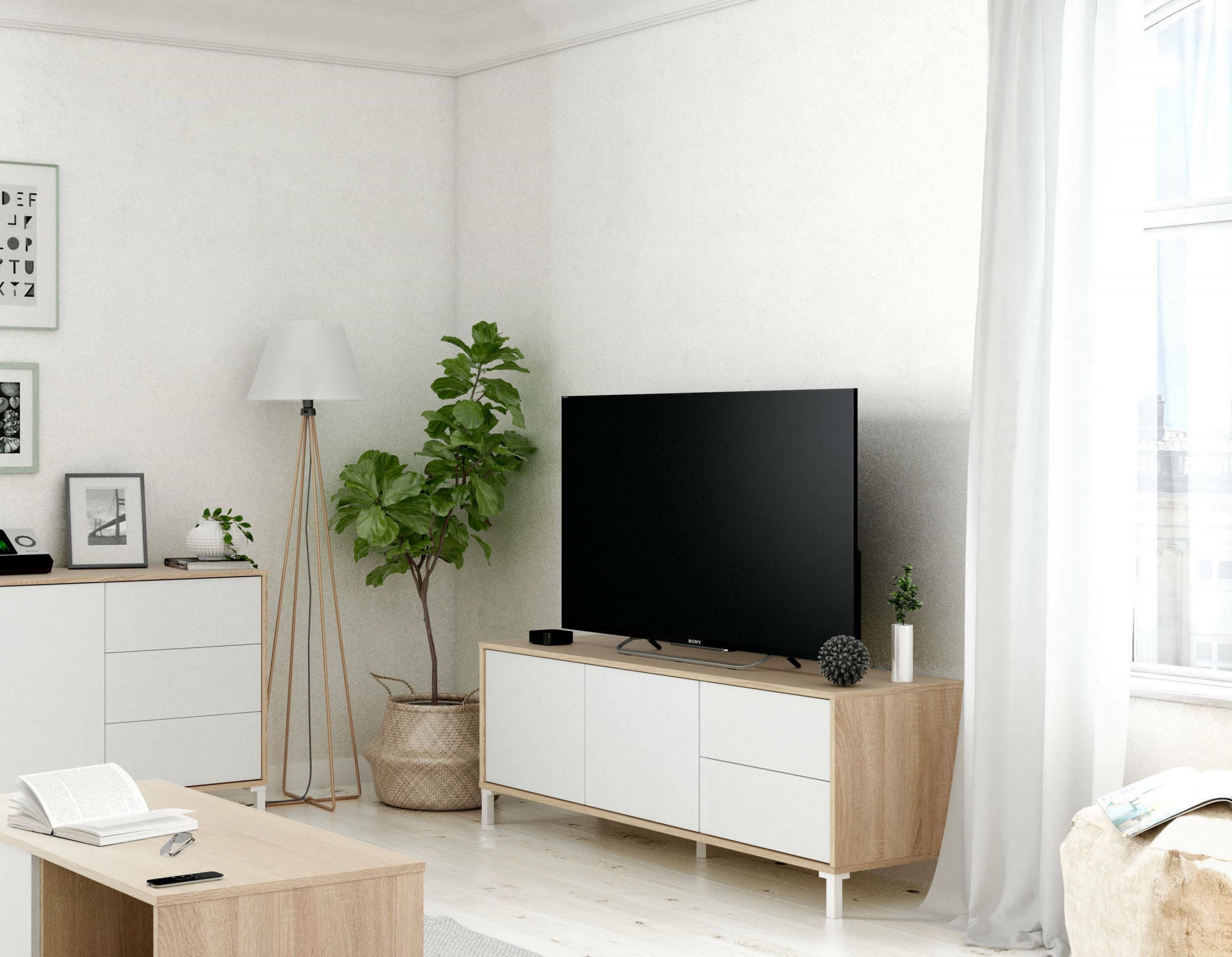 Mobile porta TV Cary, Credenza per televisione a 2 ante, Supporto TV da soggiorno, Mobile porta TV, Madia per salotto, cm 151x41h80, Rovere e Bianco