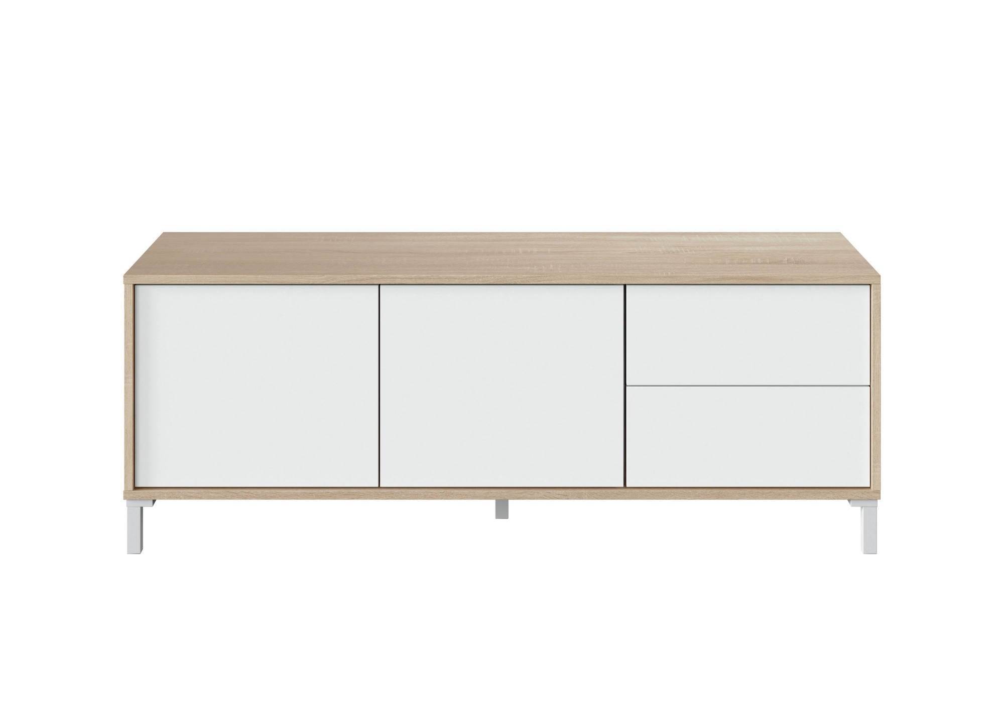 Mobile porta TV Cary, Credenza per televisione a 2 ante, Supporto TV da soggiorno, Mobile porta TV, Madia per salotto, cm 151x41h80, Rovere e Bianco