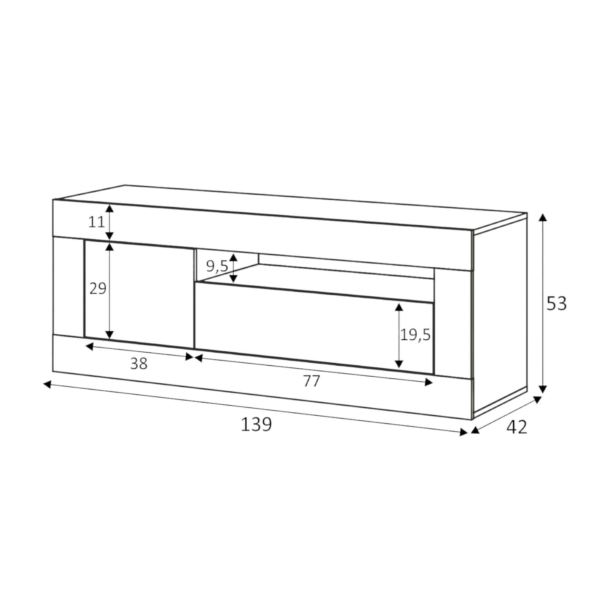 Mobile porta TV Killeen, Credenza per televisione da soggiorno, Supporto TV a 2 ante, cm 139x42h53, Rovere e Bianco