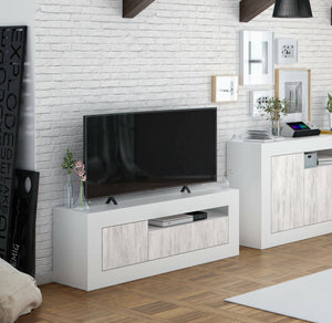 Mobile porta TV Killeen, Credenza per televisione da soggiorno, Supporto TV a 2 ante, cm 139x42h53, Rovere e Bianco