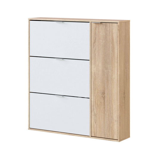 Scarpiera Provo, Armadio portascarpe a 4 ante, Mobile basso multiuso con 5 ripiani, Scarpiera moderna, cm 106x22h115, Rovere e Bianco