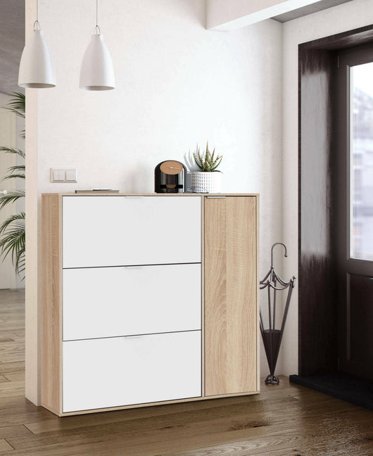 Scarpiera Provo, Armadio portascarpe a 4 ante, Mobile basso multiuso con 5 ripiani, Scarpiera moderna, cm 106x22h115, Rovere e Bianco