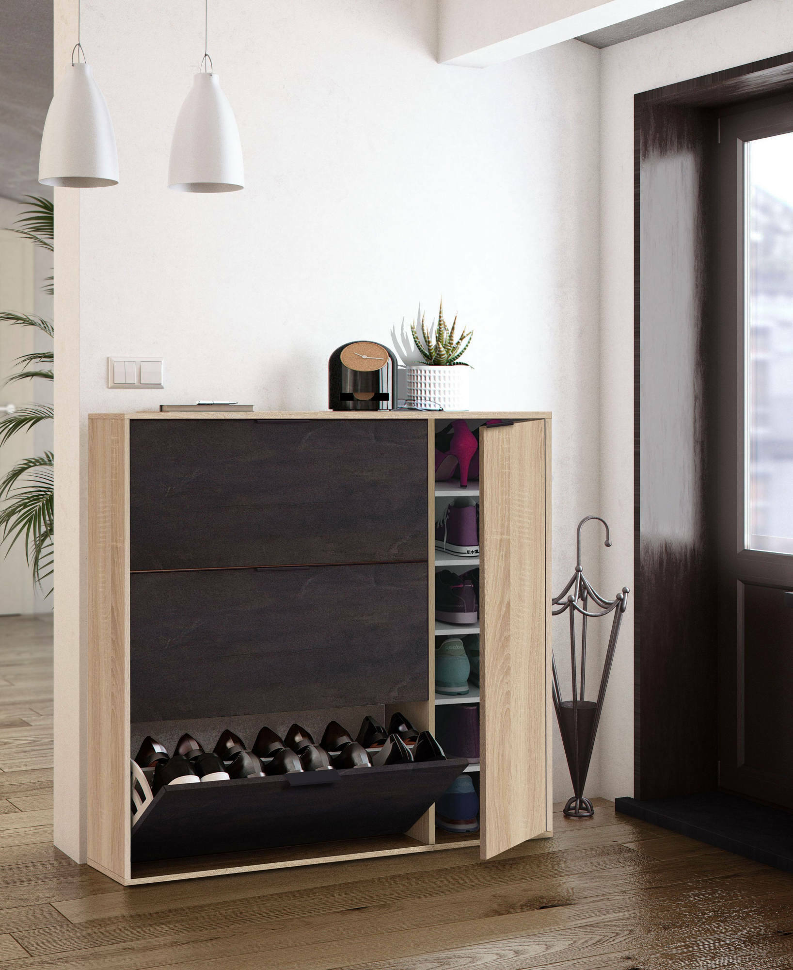 Scarpiera Provo, Armadio portascarpe a 4 ante, Mobile basso multiuso con 5 ripiani, Scarpiera moderna, cm 106x22h115, Rovere e Nero