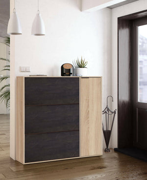 Scarpiera Provo, Armadio portascarpe a 4 ante, Mobile basso multiuso con 5 ripiani, Scarpiera moderna, cm 106x22h115, Rovere e Nero