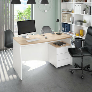 Scrivania Carrollton, Scrittoio da ufficio, Tavolo da studio porta PC con 3 cassetti, cm 136x67h74, Bianco e Rovere