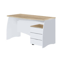 Scrivania Carrollton, Scrittoio da ufficio, Tavolo da studio porta PC con 3 cassetti, cm 136x67h74, Bianco e Rovere