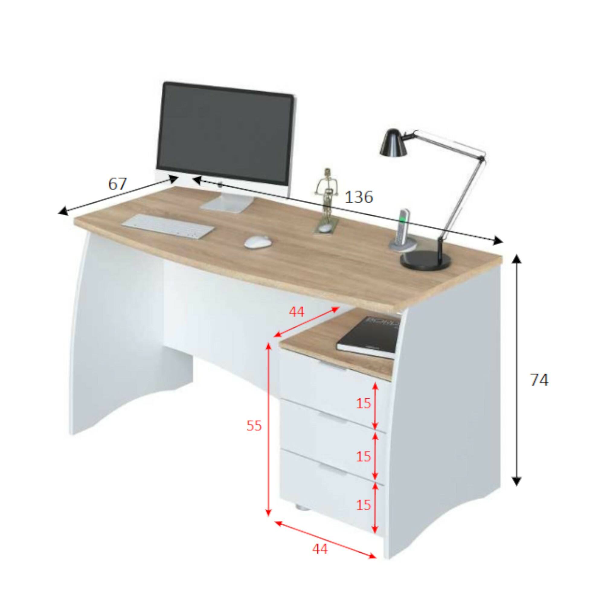 Scrivania Carrollton, Scrittoio da ufficio, Tavolo da studio porta PC con 3 cassetti, cm 136x67h74, Bianco e Rovere