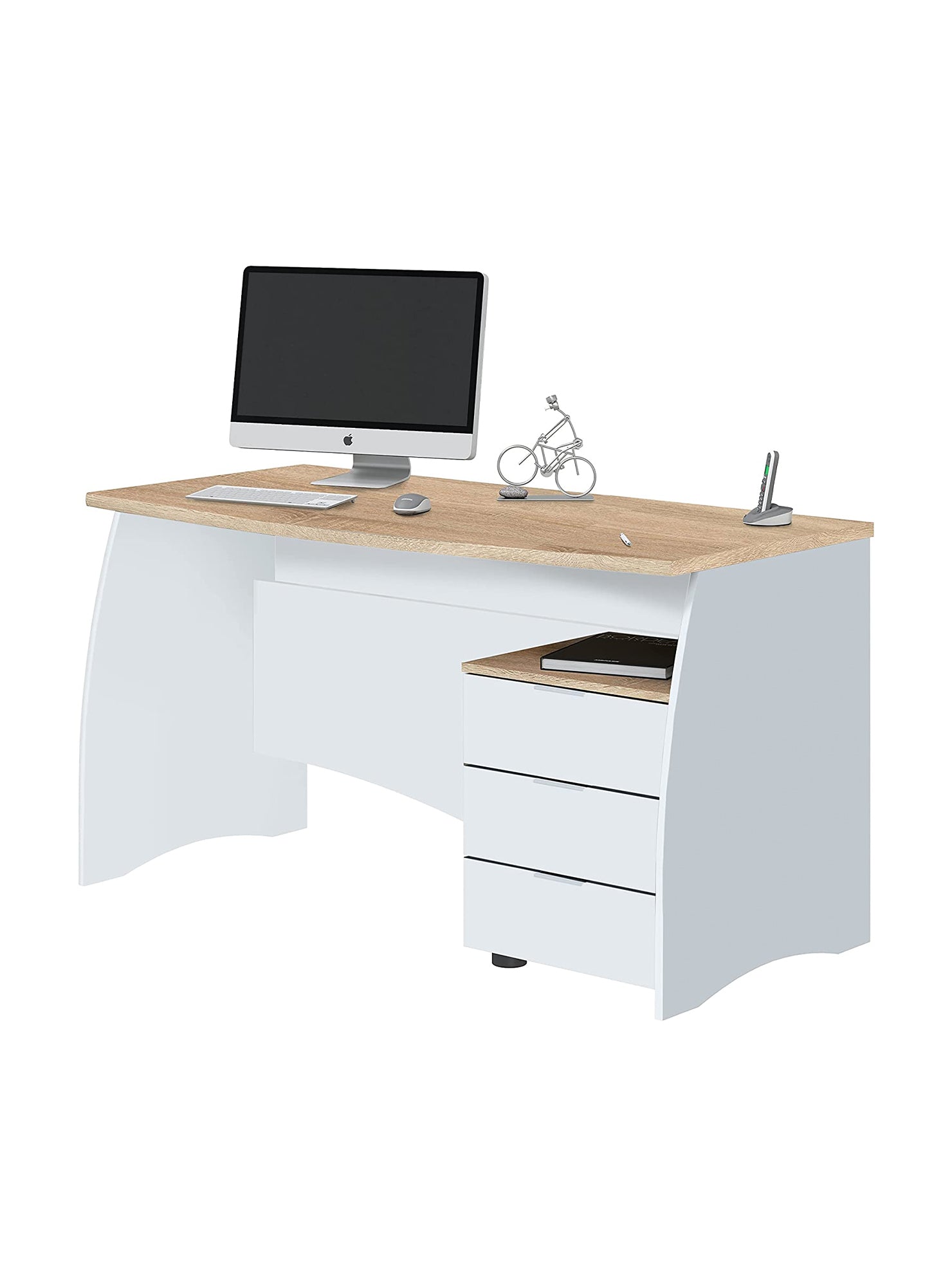 Scrivania Carrollton, Scrittoio da ufficio, Tavolo da studio porta PC con 3 cassetti, cm 136x67h74, Bianco e Rovere