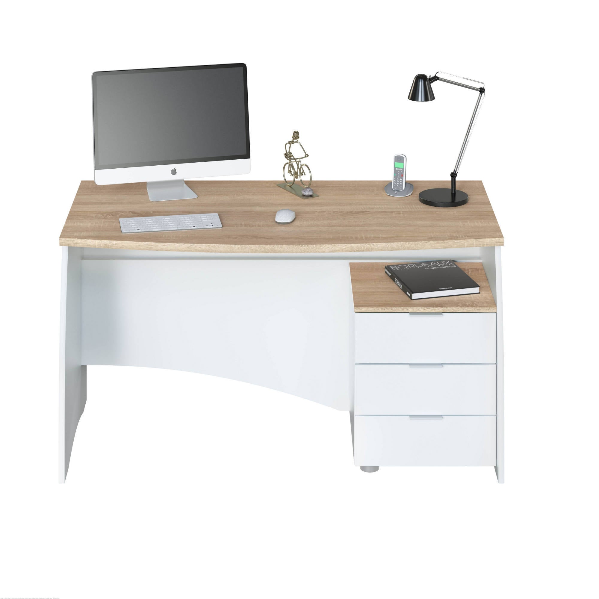 Scrivania Carrollton, Scrittoio da ufficio, Tavolo da studio porta PC con 3 cassetti, cm 136x67h74, Bianco e Rovere