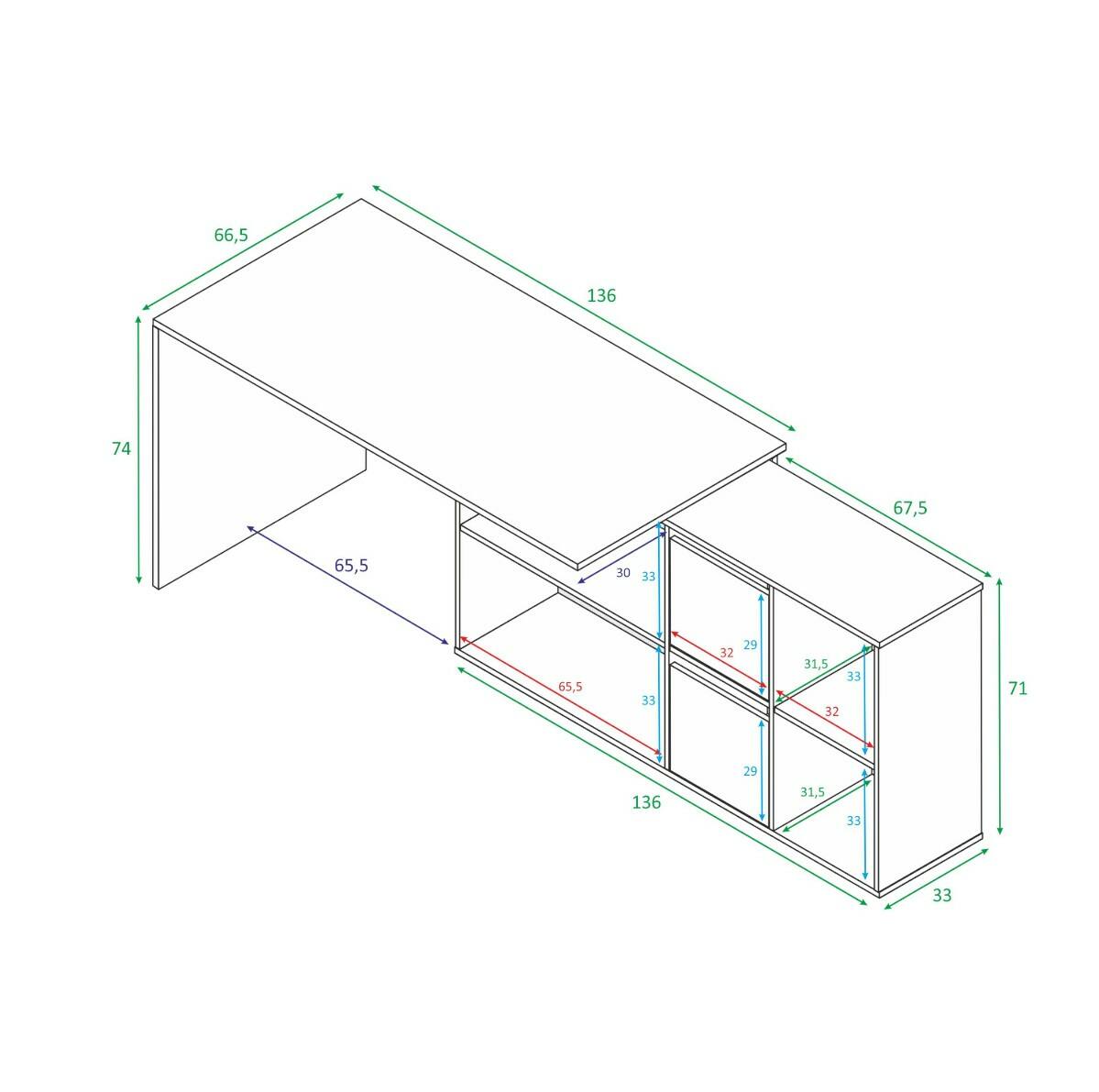 Scrivania Vallejo, Scrittoio reversibile multiposizione, Tavolo da studio o ufficio porta PC con scaffale, cm 136x139h74, Bianco e Cemento