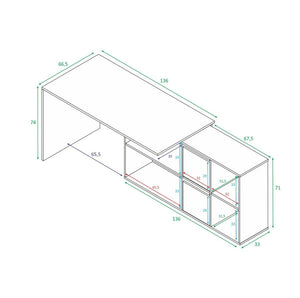 Scrivania Vallejo, Scrittoio reversibile multiposizione, Tavolo da studio o ufficio porta PC con scaffale, cm 136x139h74, Bianco e Cemento