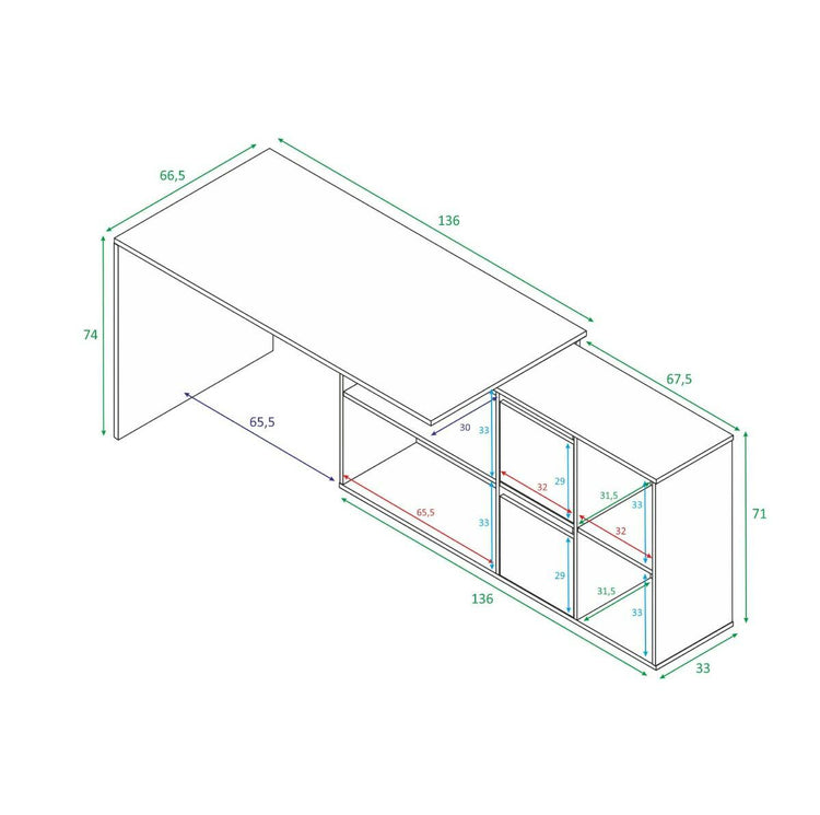 Scrivania Vallejo, Scrittoio reversibile multiposizione, Tavolo da studio o ufficio porta PC con scaffale, cm 136x139h74, Bianco e Cemento