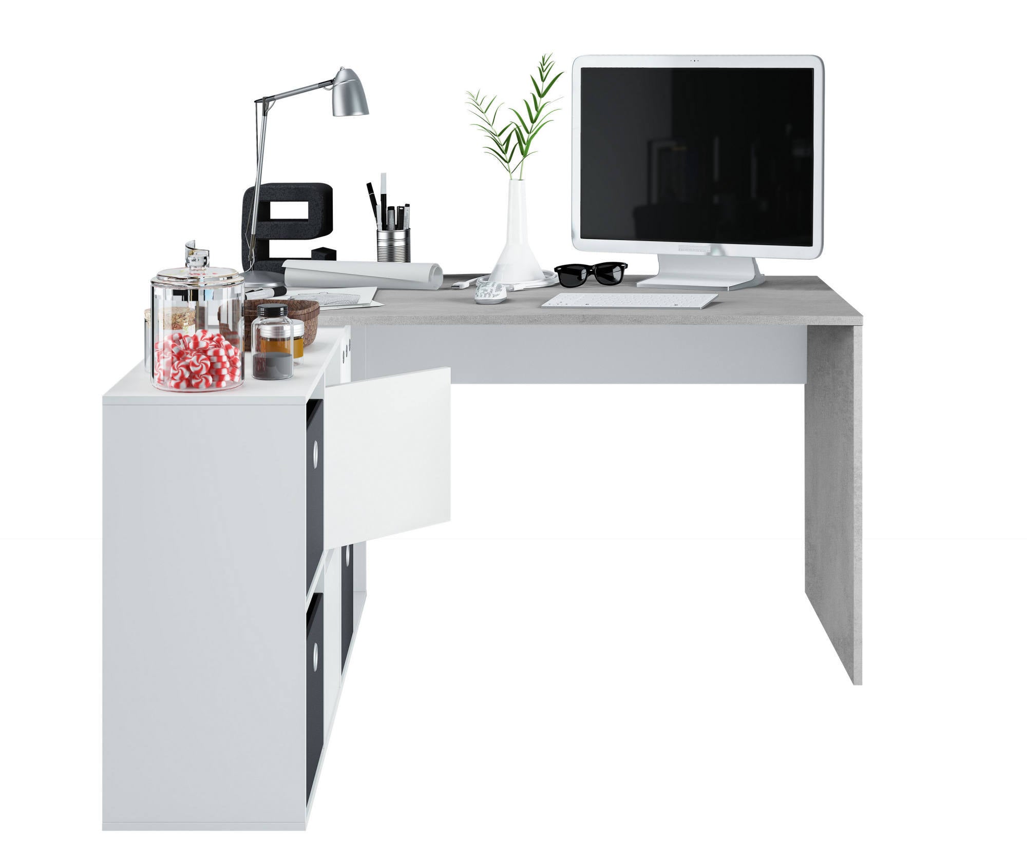 Scrivania Vallejo, Scrittoio reversibile multiposizione, Tavolo da studio o ufficio porta PC con scaffale, cm 136x139h74, Bianco e Cemento