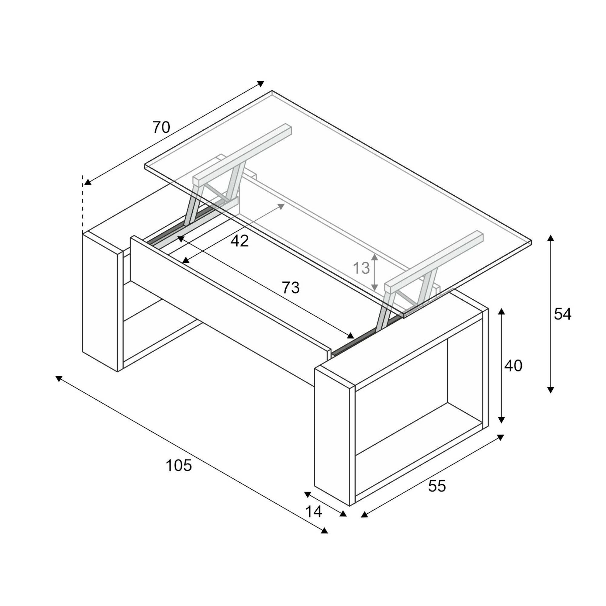 Tavolino da salotto Flint, Tavolino da caffè con piano elevabile, Tavolo basso da soggiorno, cm 105x55h45/56, Bianco