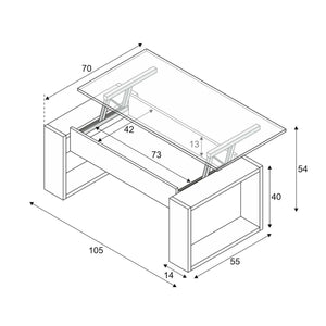 Tavolino da salotto Flint, Tavolino da caffè con piano elevabile, Tavolo basso da soggiorno, cm 105x55h45/56, Bianco