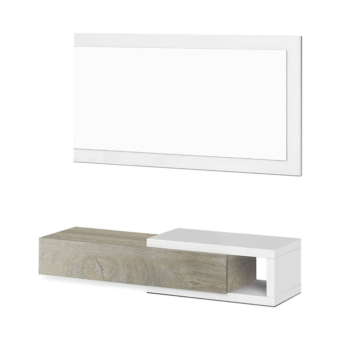 Mobile da ingresso Mcallen, Entratina con specchio, Mobile per atrio con cassetto, Svuotatasche per appartamenti, cm 95x26h69, Bianco e Rovere