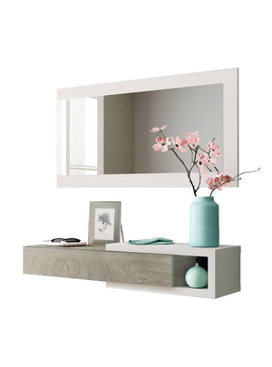 Mobile da ingresso Mcallen, Entratina con specchio, Mobile per atrio con cassetto, Svuotatasche per appartamenti, cm 95x26h69, Bianco e Rovere