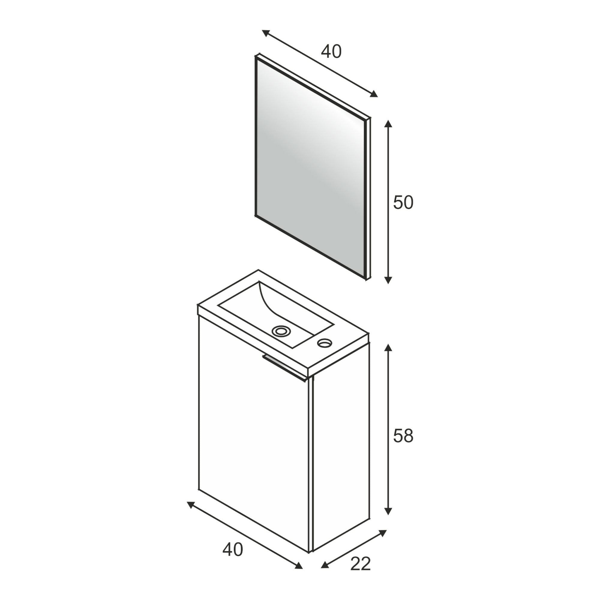 Mobile sottolavabo Peoria, Mobiletto per bagno sospeso, Armadio a 1 anta e specchio, cm 40x22h58, Rovere