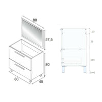 Mobile sottolavabo Hayward, Mobiletto per bagno, Armadio a 2 cassetti e specchio, lavabo non incluso, cm 80x45h80, Rovere