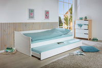 Divano letto con letto estraibile, in pino tinto bianco, cm 97x208x62