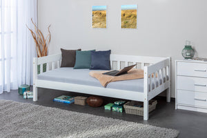 Divano letto singolo, in pino massello color bianco, cm 98x205x63, rete a doghe inclusa