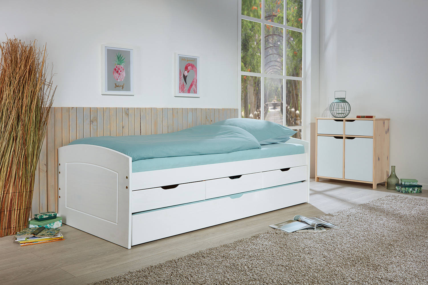 Letto con cassetti contenitore e secondo letto inferiore a estrazione, in pino massello tinto bianco, cm 98x205x63, reti escluse