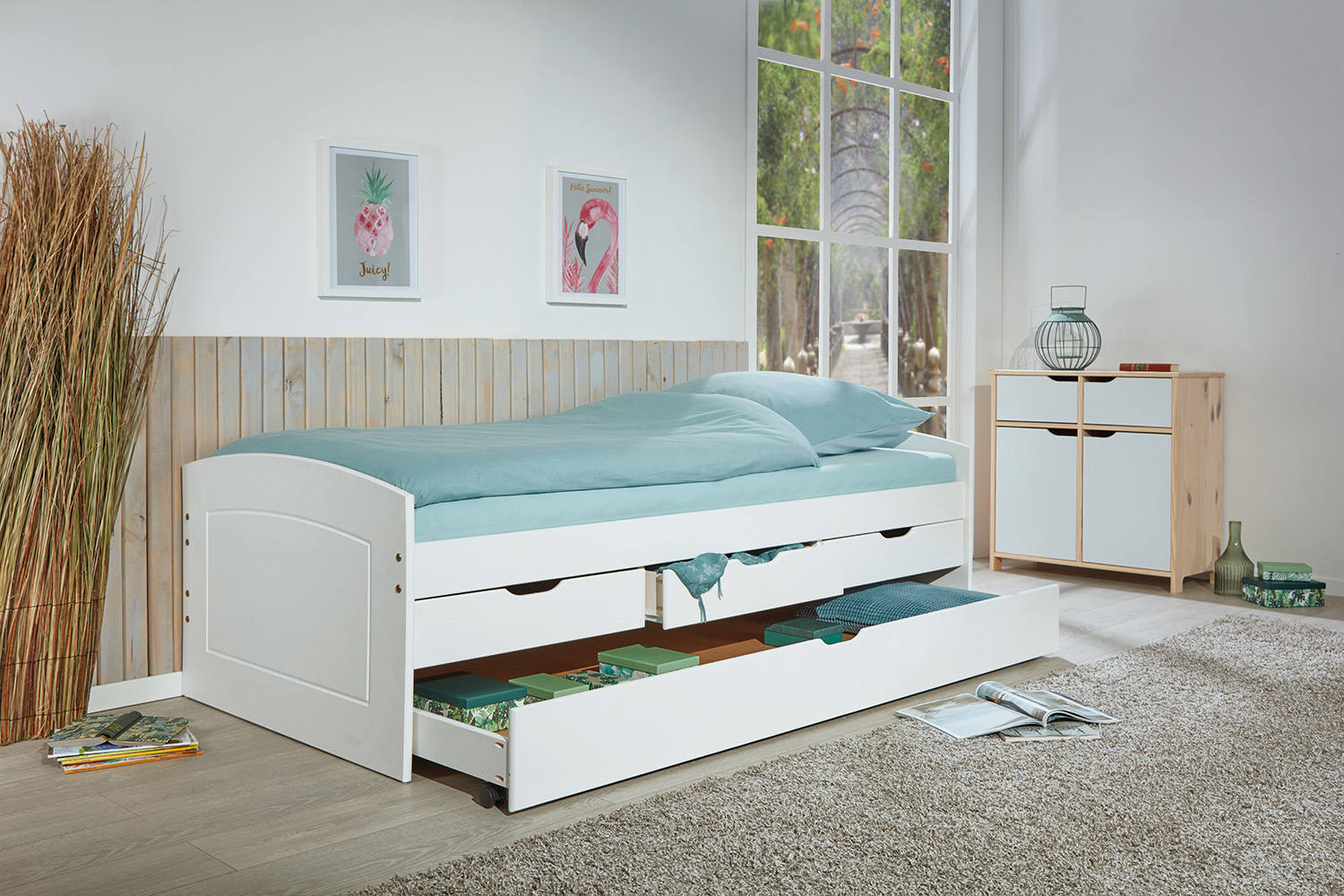 Letto con cassetti contenitore e secondo letto inferiore a estrazione, in pino massello tinto bianco, cm 98x205x63, reti escluse