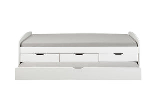 Letto con cassetti contenitore e secondo letto inferiore a estrazione, in pino massello tinto bianco, cm 98x205x63, reti escluse