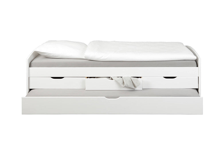 Letto con cassetti contenitore e secondo letto inferiore a estrazione, in pino massello tinto bianco, cm 98x205x63, reti escluse