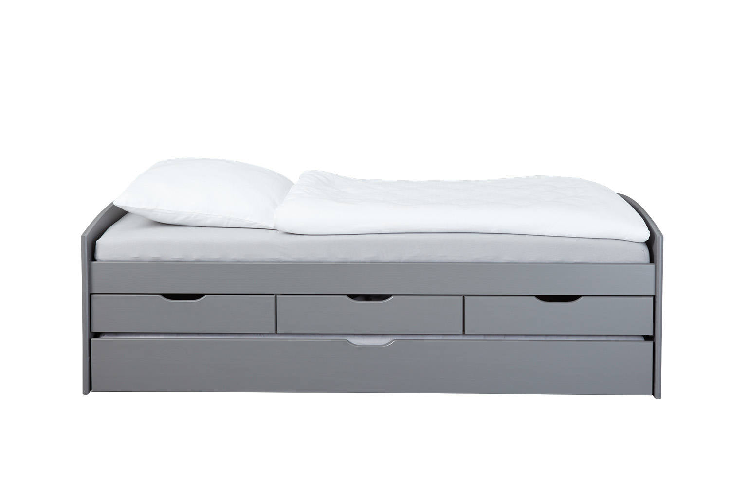 Letto con cassetti contenitore e secondo letto inferiore a estrazione, in pino massello tinto grigio, cm 98x205x63, reti escluse
