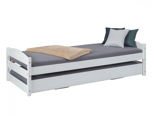 Letto singolo con secondo letto sollevabile, in pino massello color bianco, cm 209x97x62