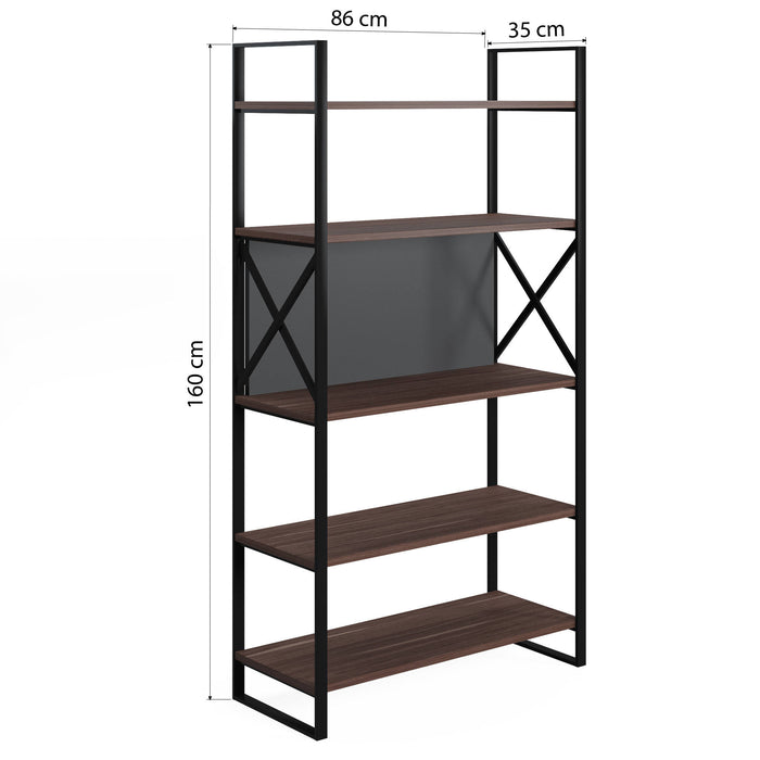 Libreria con cinque ripiani sviluppata in altezza, cm 86 x 35 x 160, colore noce e antracite