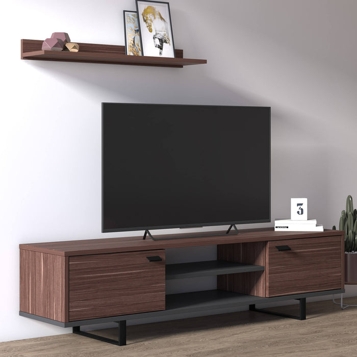 Mobile da soggiorno porta TV con due ante e due ripiani, cm 150 x 35 x 44, colore noce e antracite