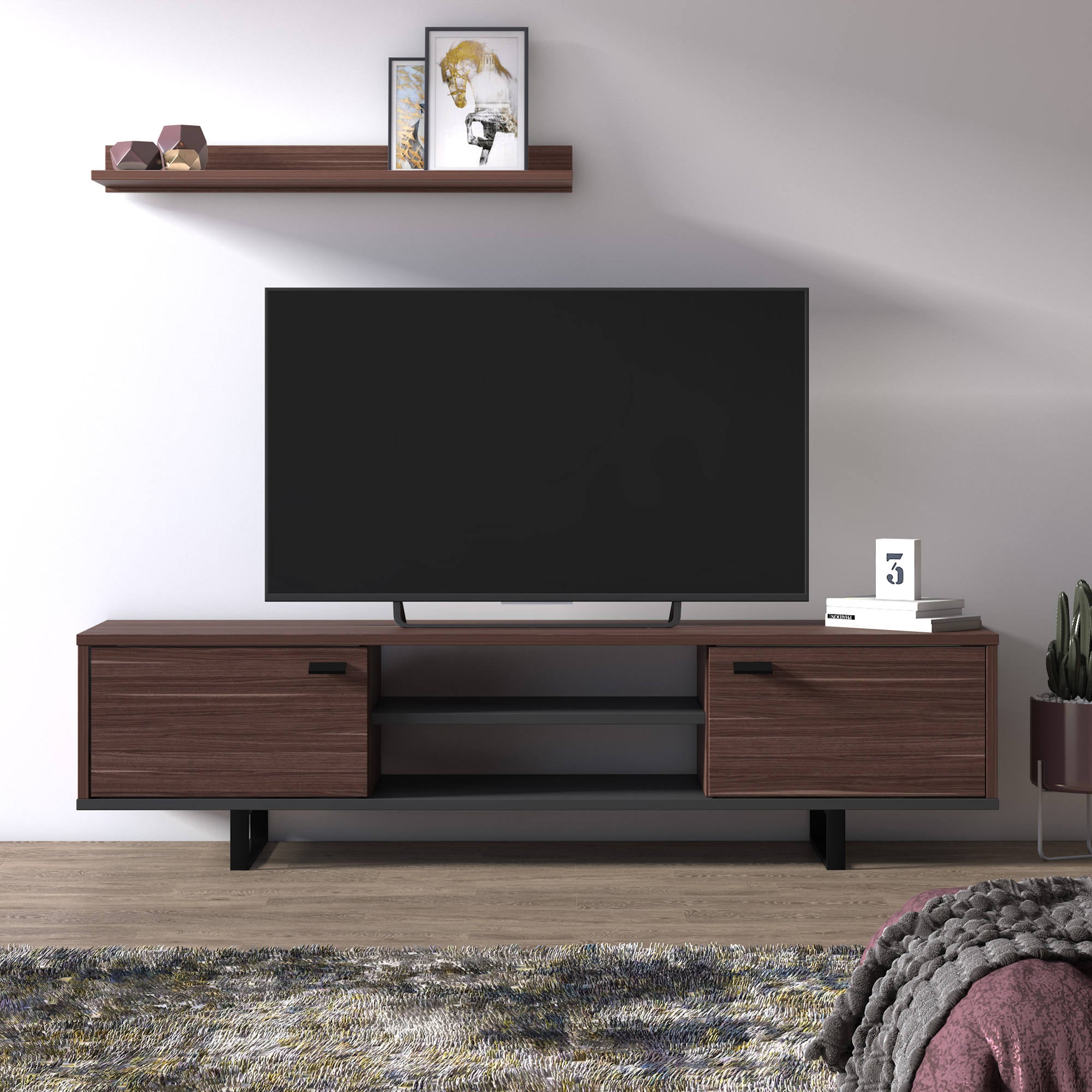 Mobile da soggiorno porta TV con due ante e due ripiani, cm 150 x 35 x 44, colore noce e antracite