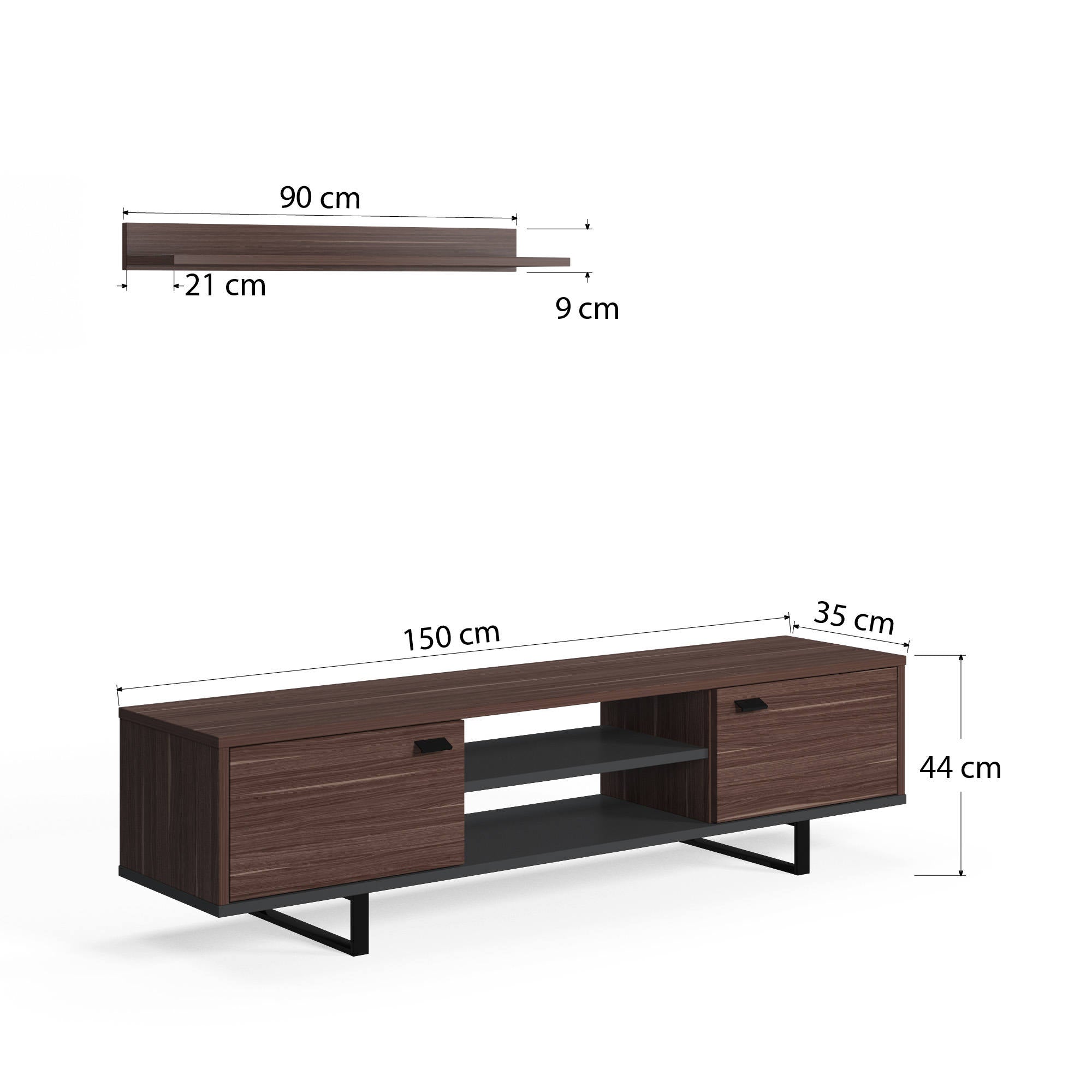 Mobile da soggiorno porta TV con due ante e due ripiani, cm 150 x 35 x 44, colore noce e antracite