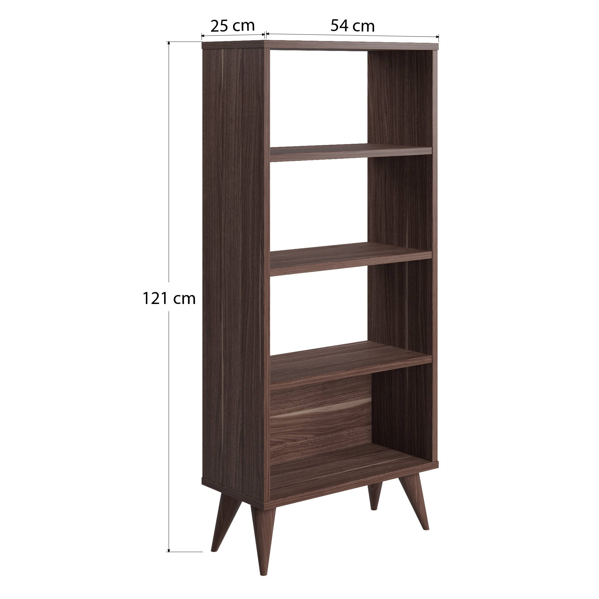 Libreria verticale con quattro scomparti, cm 54 x 25 x 121, colore noce