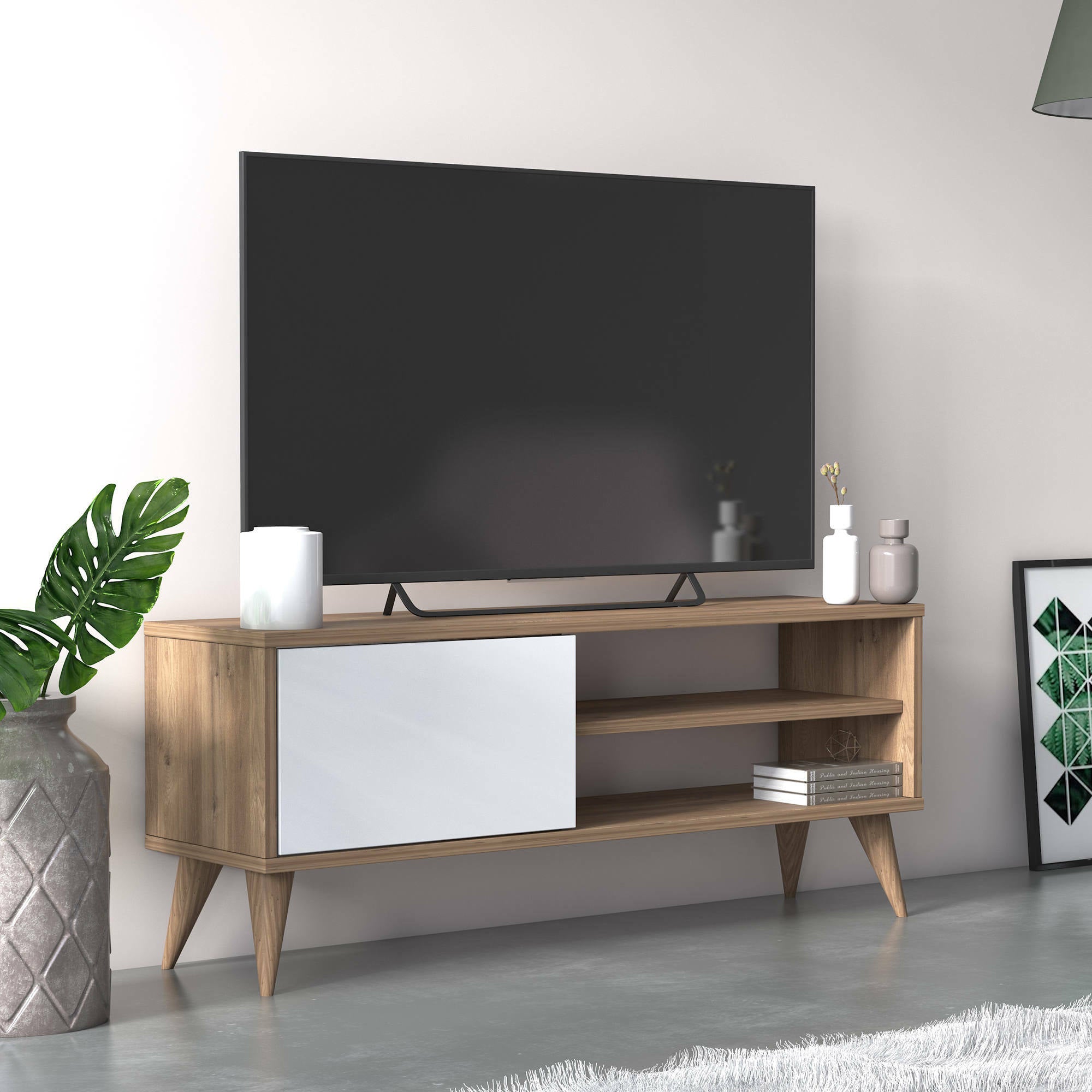 Mobile da soggiorno porta TV con un'anta battente e scomparti, cm 110 x 30 x 45, colore rovere con dettaglio bianco