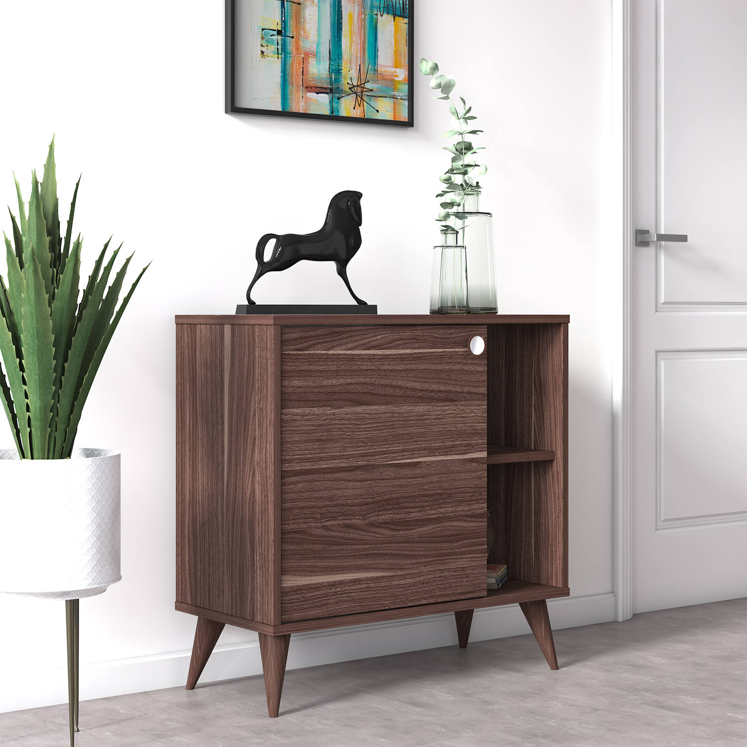 Credenza con un'anta battente e ripiani, cm 75 x 35 x 74, colore noce