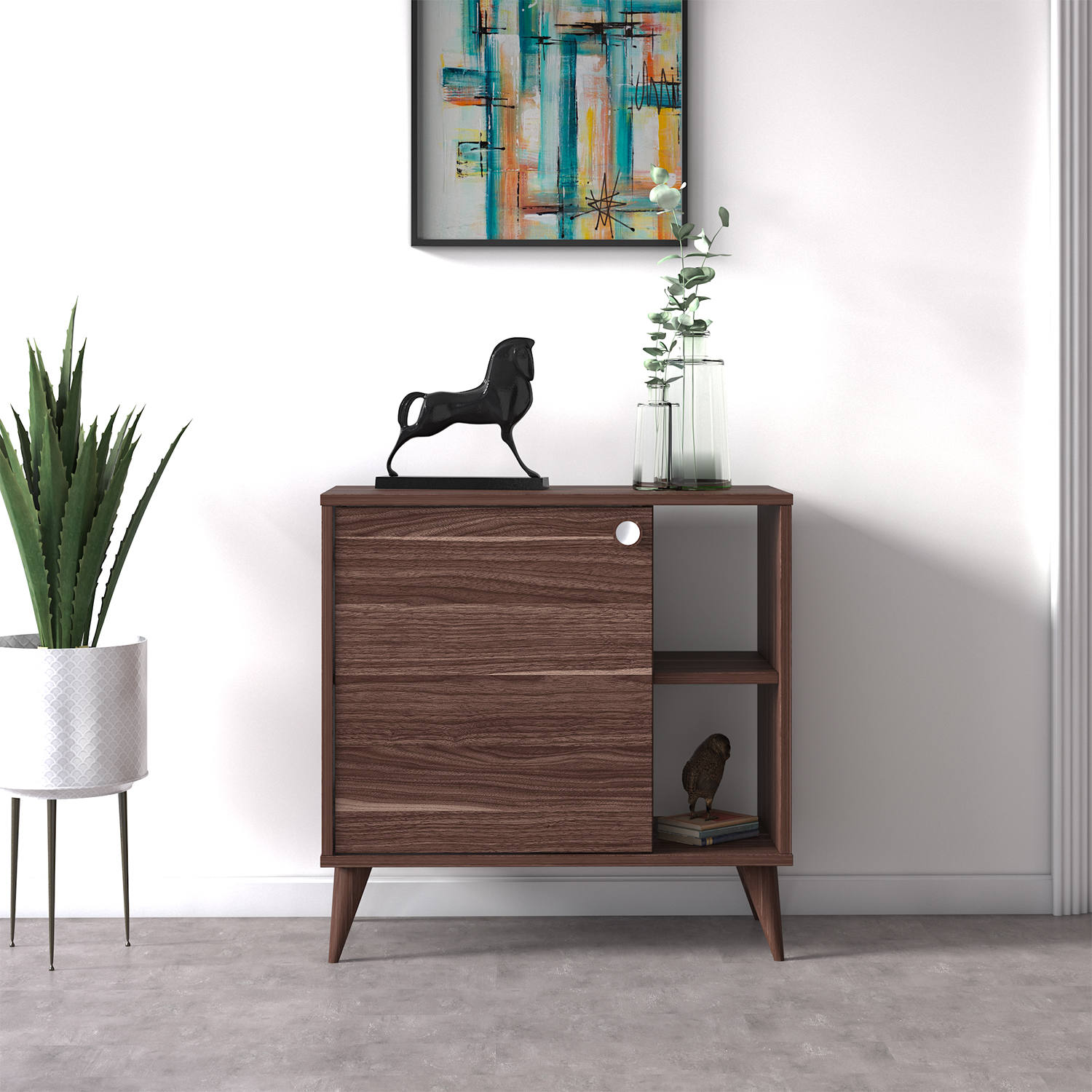 Credenza con un'anta battente e ripiani, cm 75 x 35 x 74, colore noce